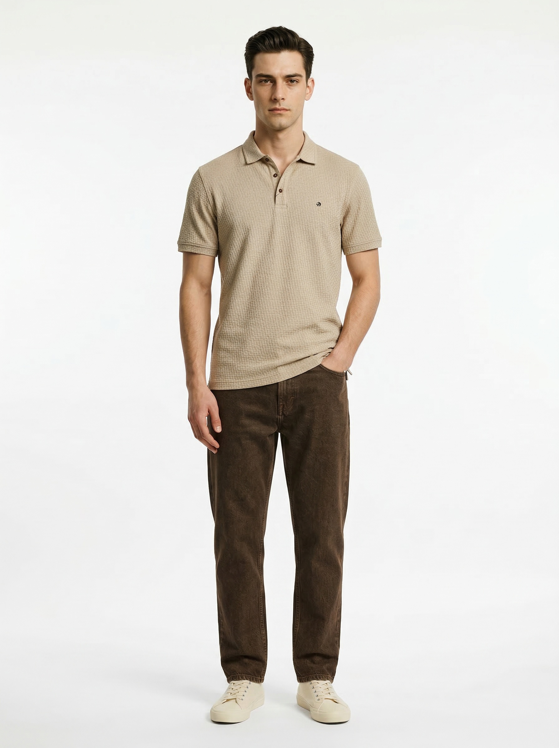 Beige Jacquard Structured Polo