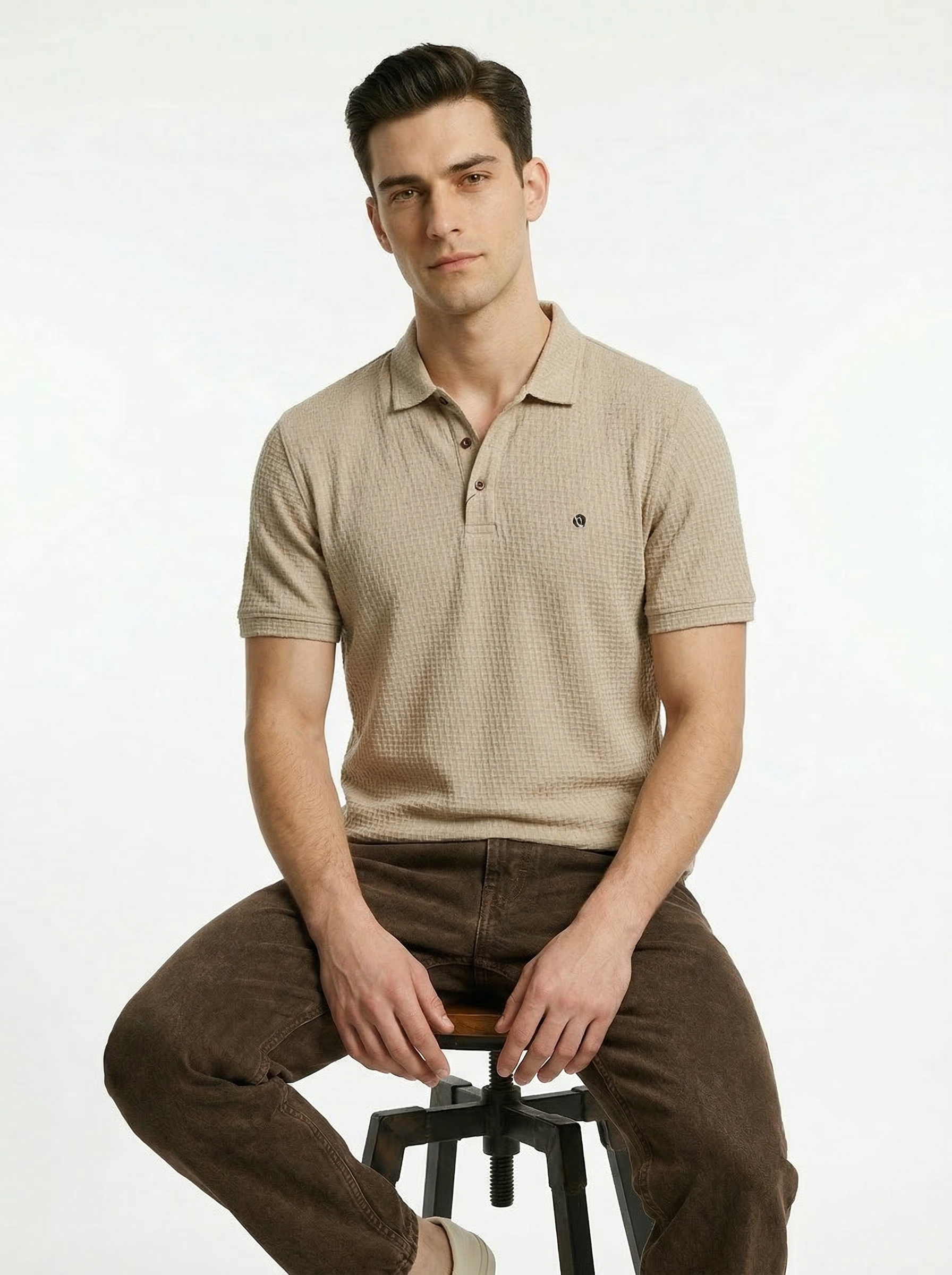 Beige Jacquard Structured Polo