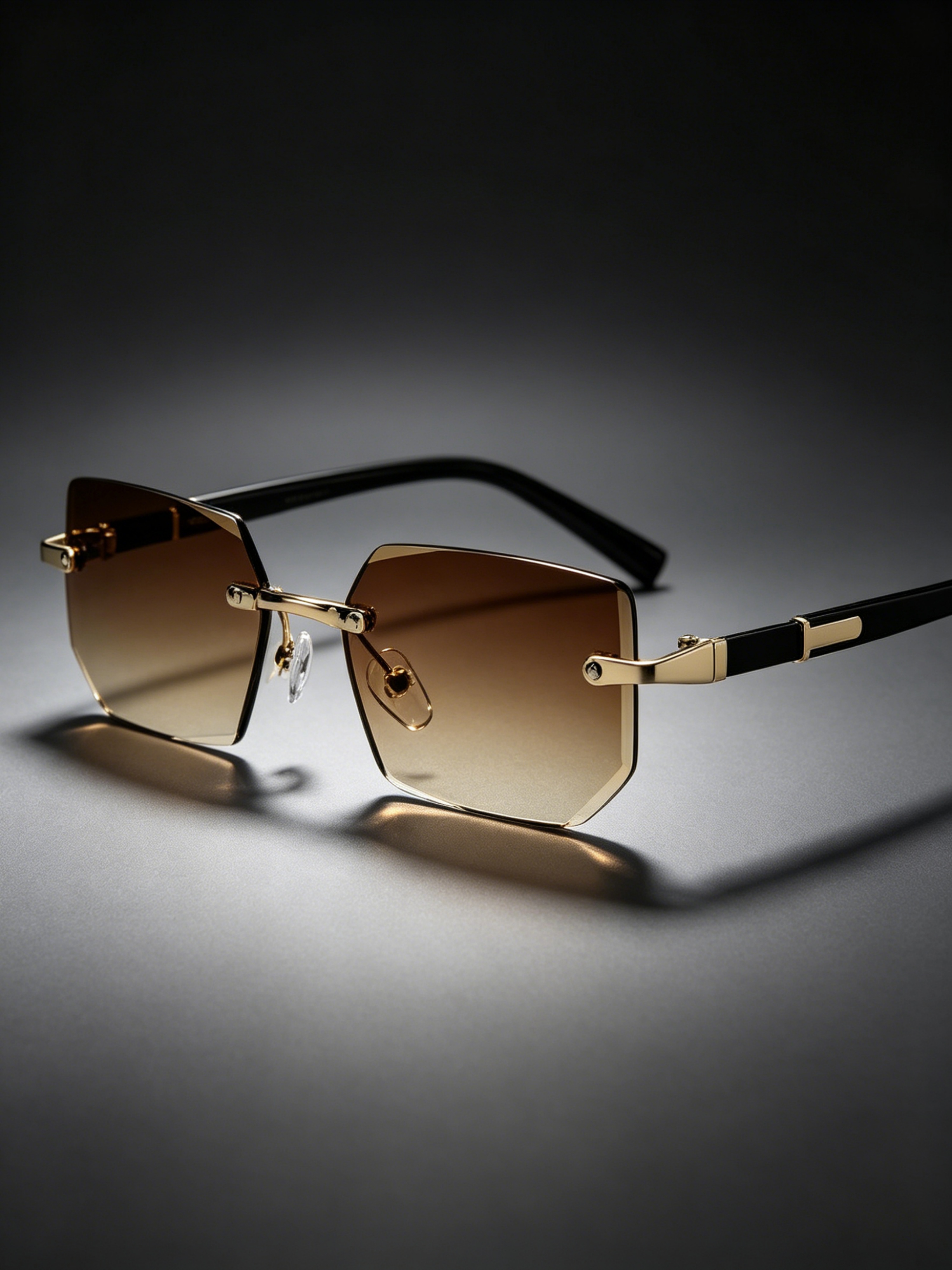 Black Rectangle Rimless Sunglasses with Brown Gradient Lenses