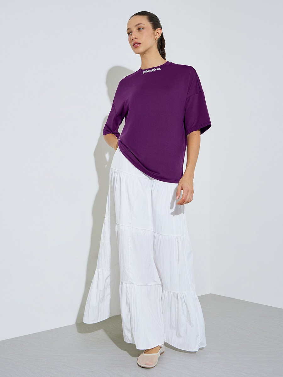 Purple Boxy Fit T-Shirt with Neck Print