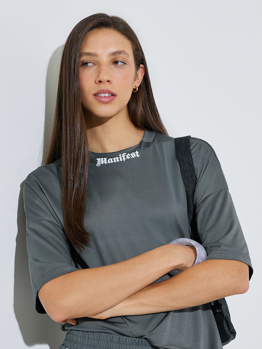 Grey Boxy Fit T-Shirt with Neck Print