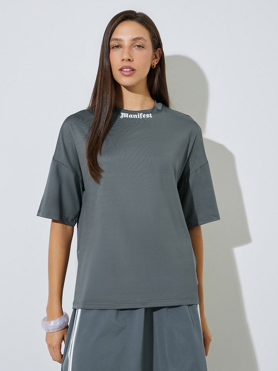 Grey Boxy Fit T-Shirt with Neck Print