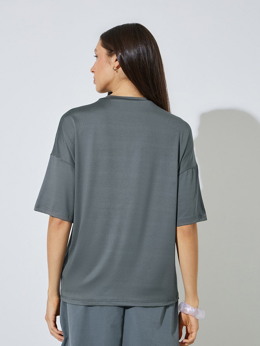 Grey Boxy Fit T-Shirt with Neck Print