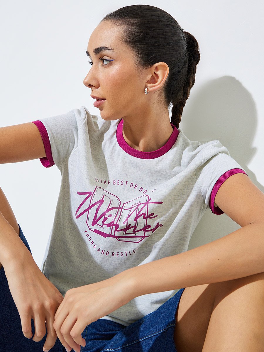Grey Slogan Print Ringer T-Shirt