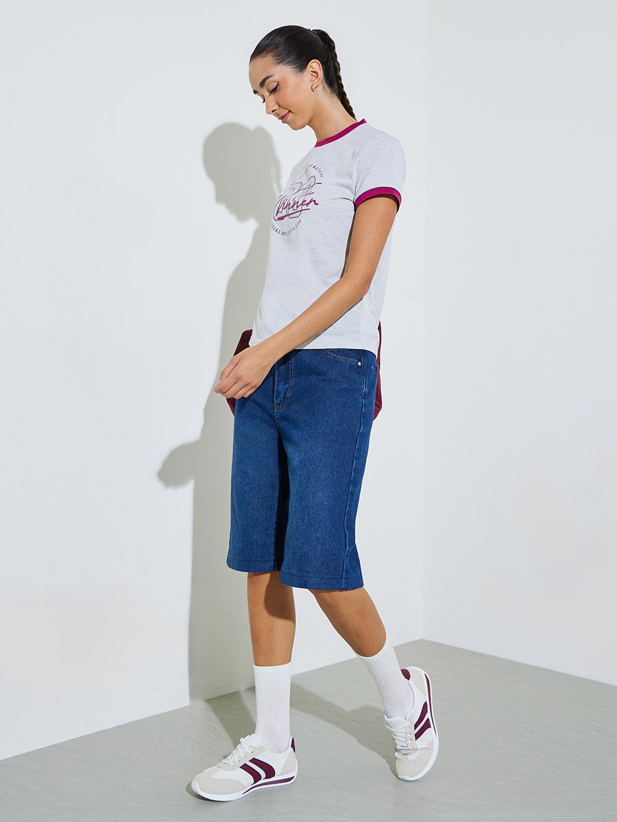 Grey Slogan Print Ringer T-Shirt