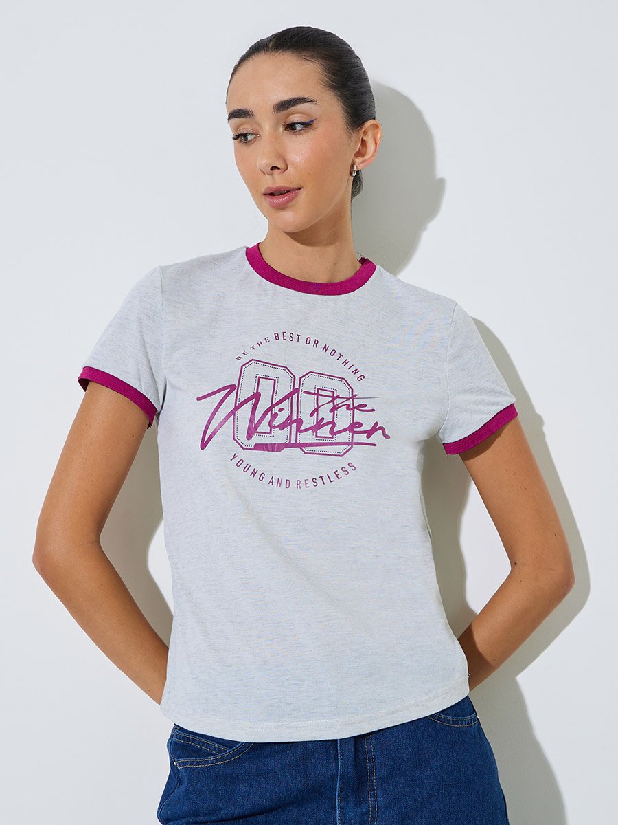 Grey Slogan Print Ringer T-Shirt