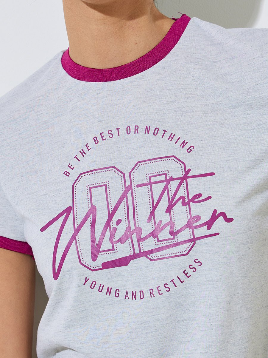 Grey Slogan Print Ringer T-Shirt