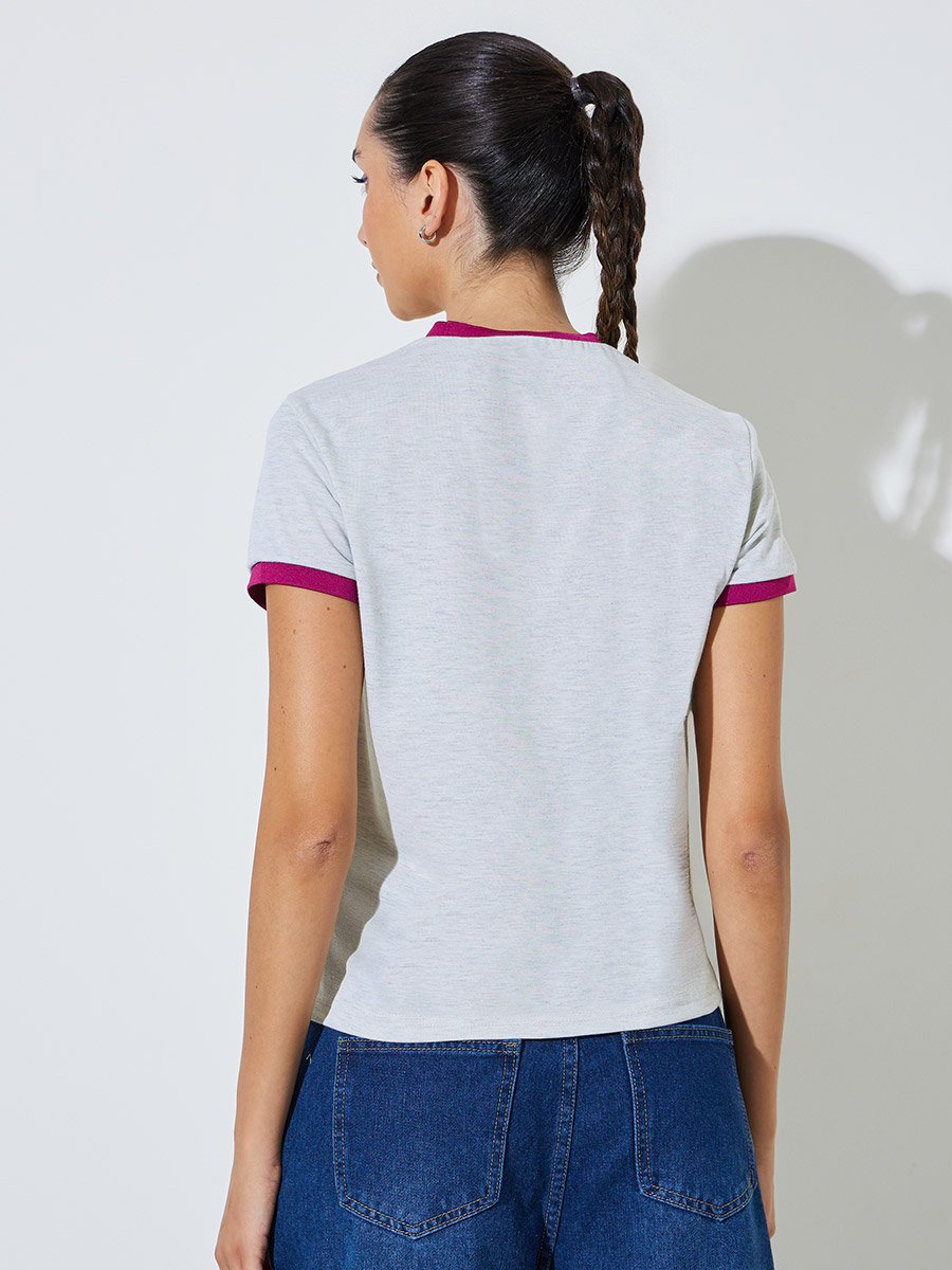 Grey Slogan Print Ringer T-Shirt