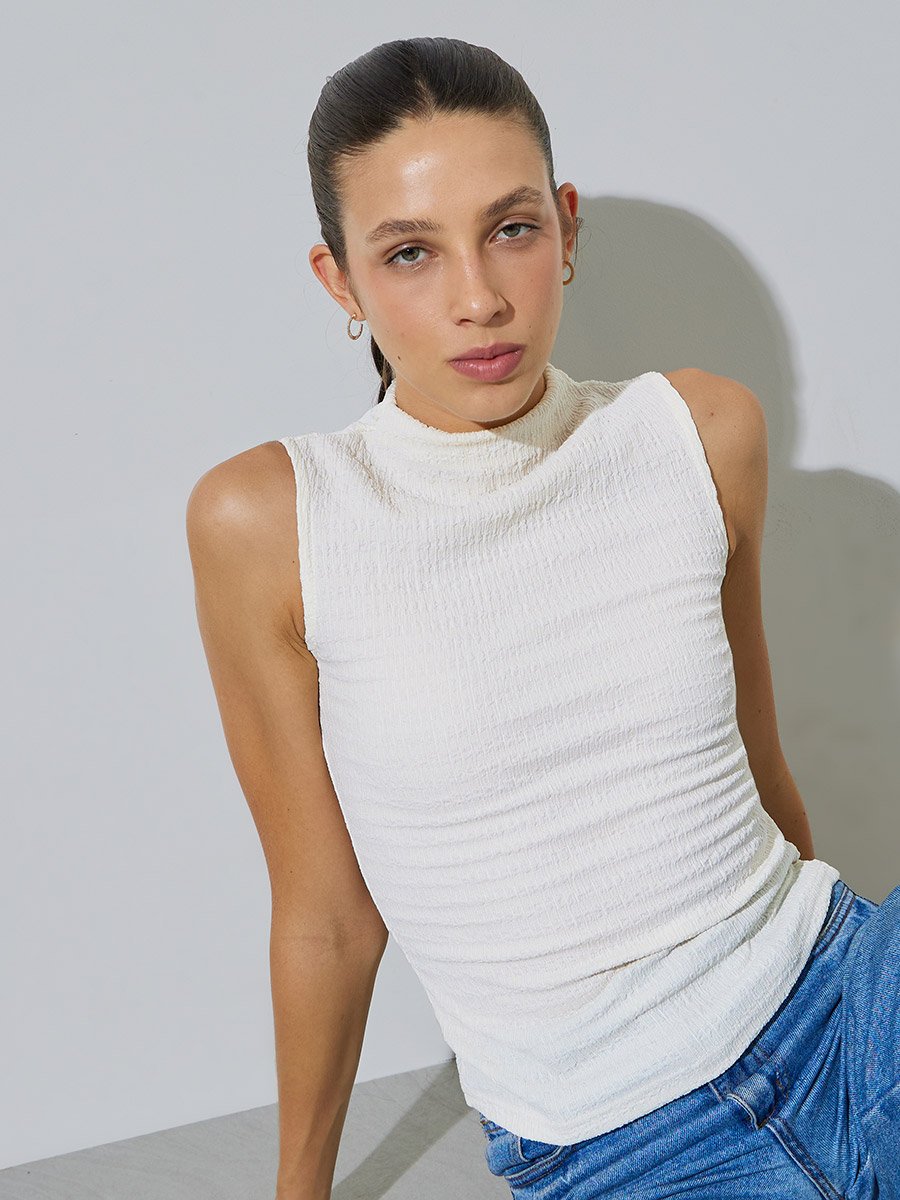 Cream Textured Mock Neck Fitted Tank