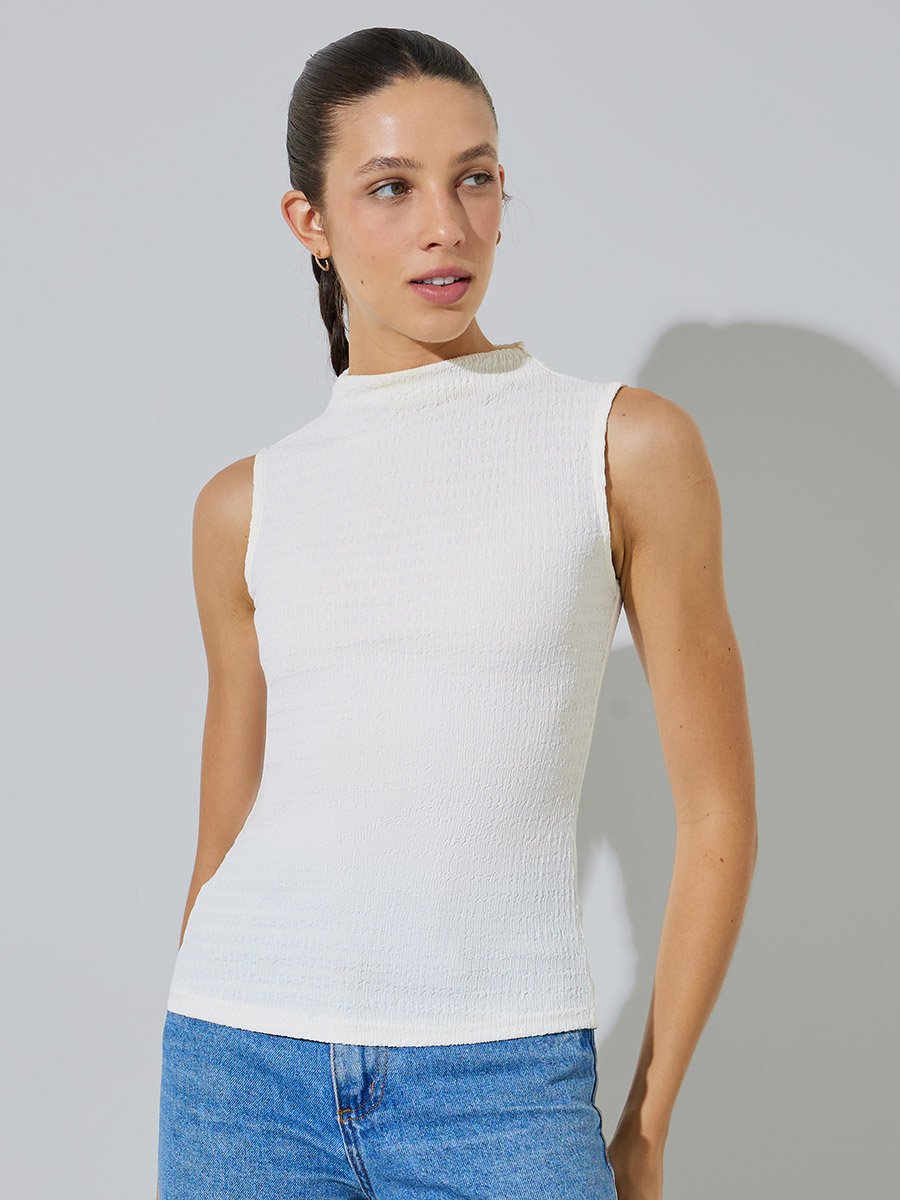 Cream Textured Mock Neck Fitted Tank