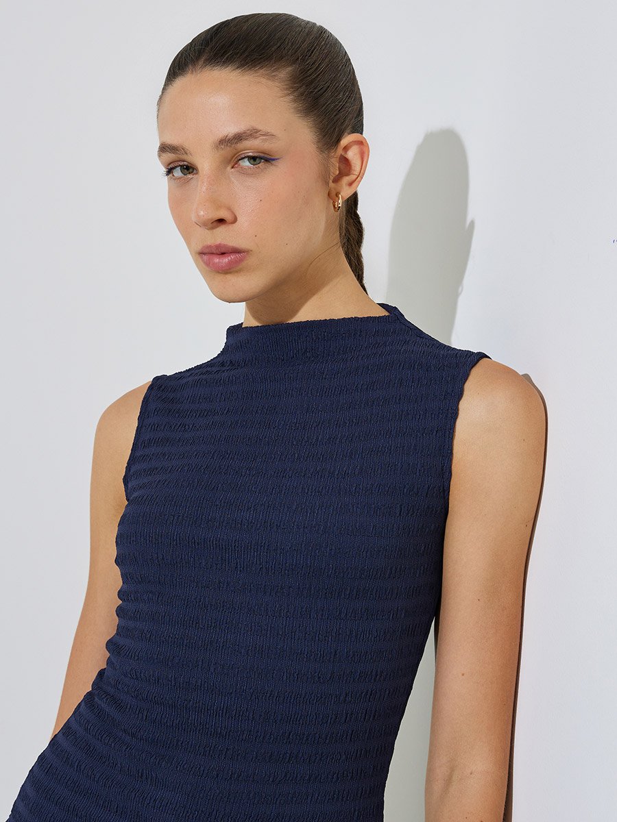 Navy Blue Textured Mock Neck Fitted Tank