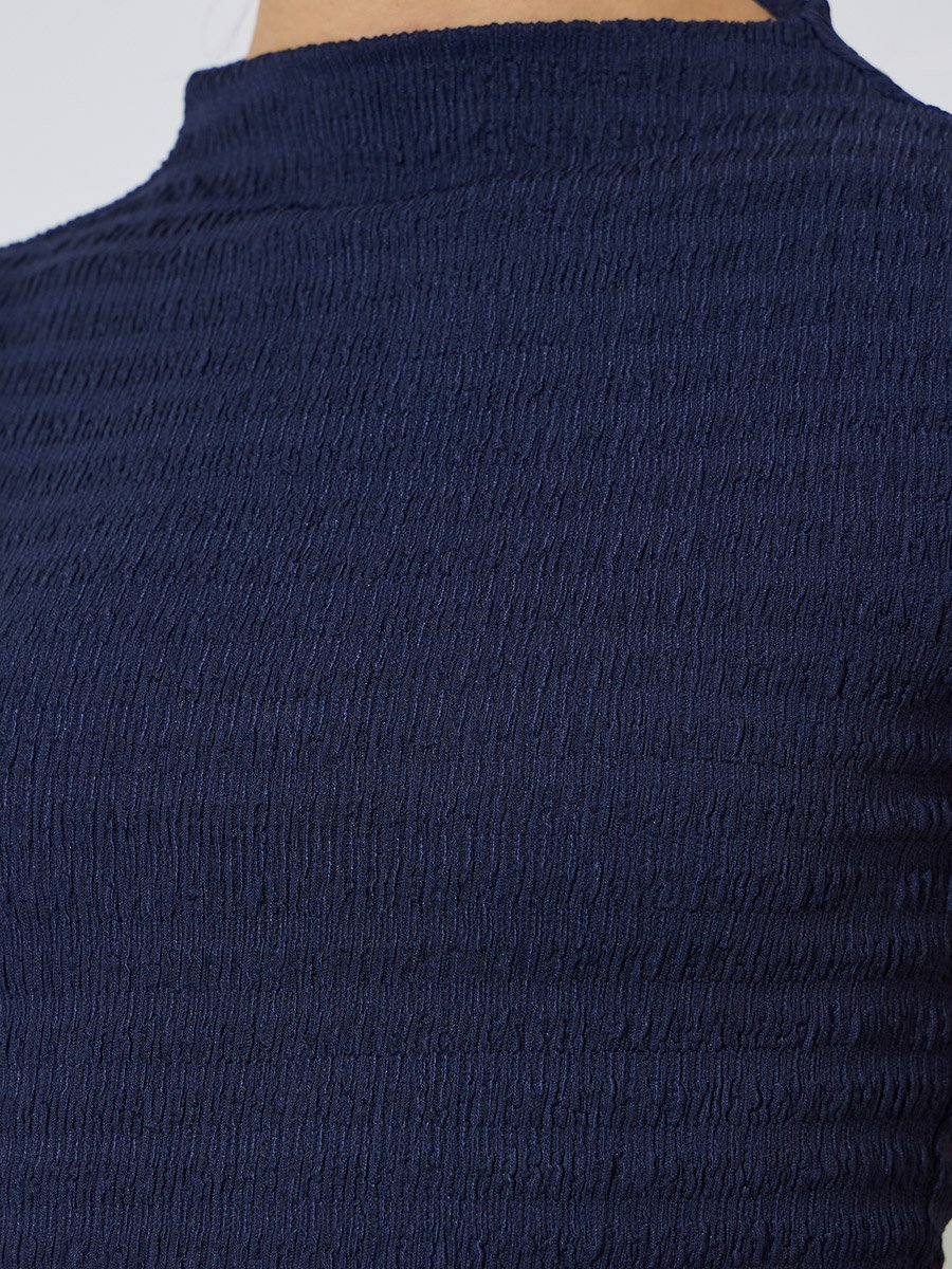 Navy Blue Textured Mock Neck Fitted Tank
