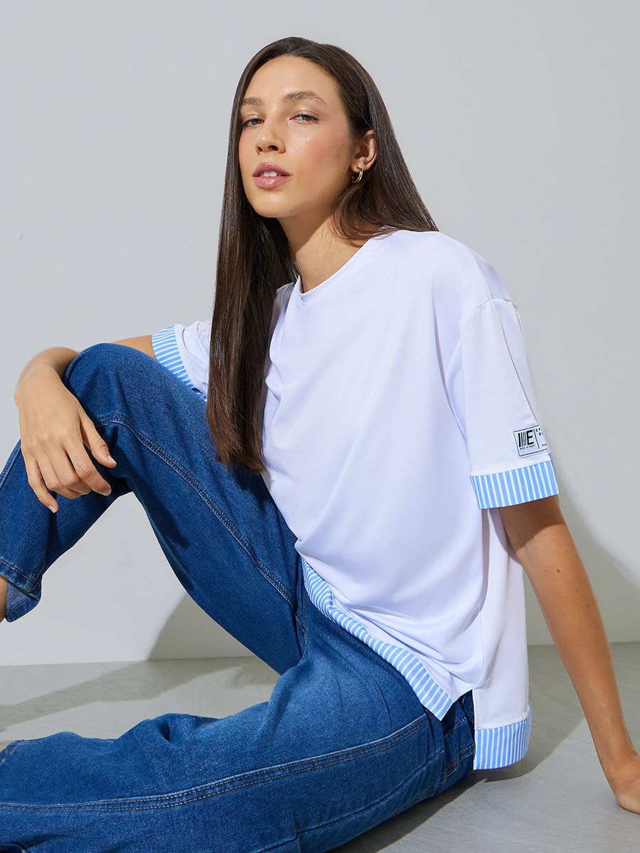 White Layered Hem T-Shirt with Striped Detail