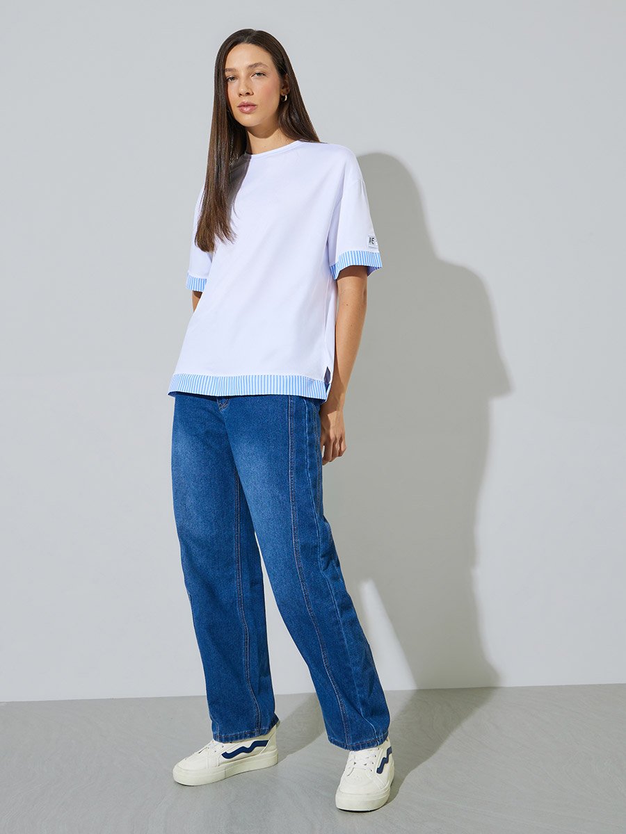 White Layered Hem T-Shirt with Striped Detail