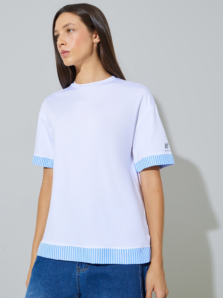 White Layered Hem T-Shirt with Striped Detail