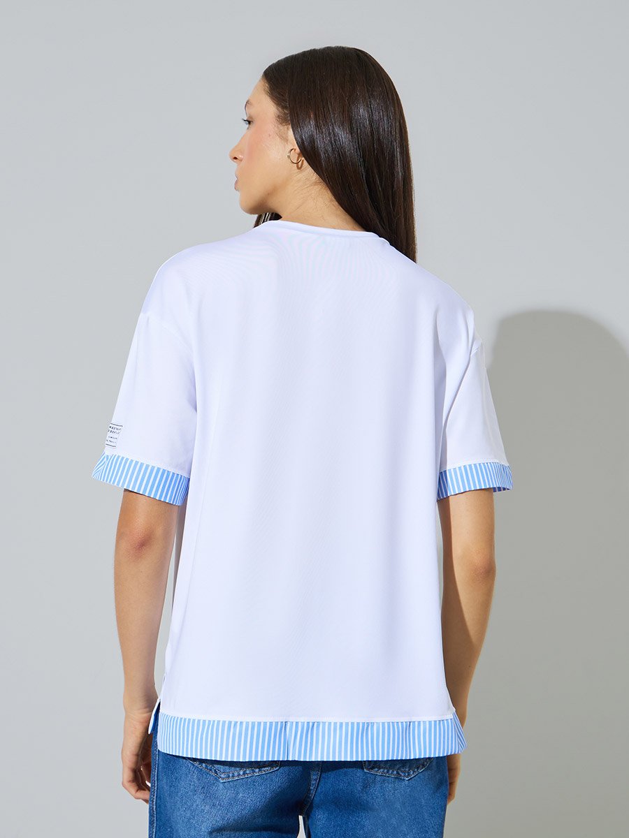 White Layered Hem T-Shirt with Striped Detail