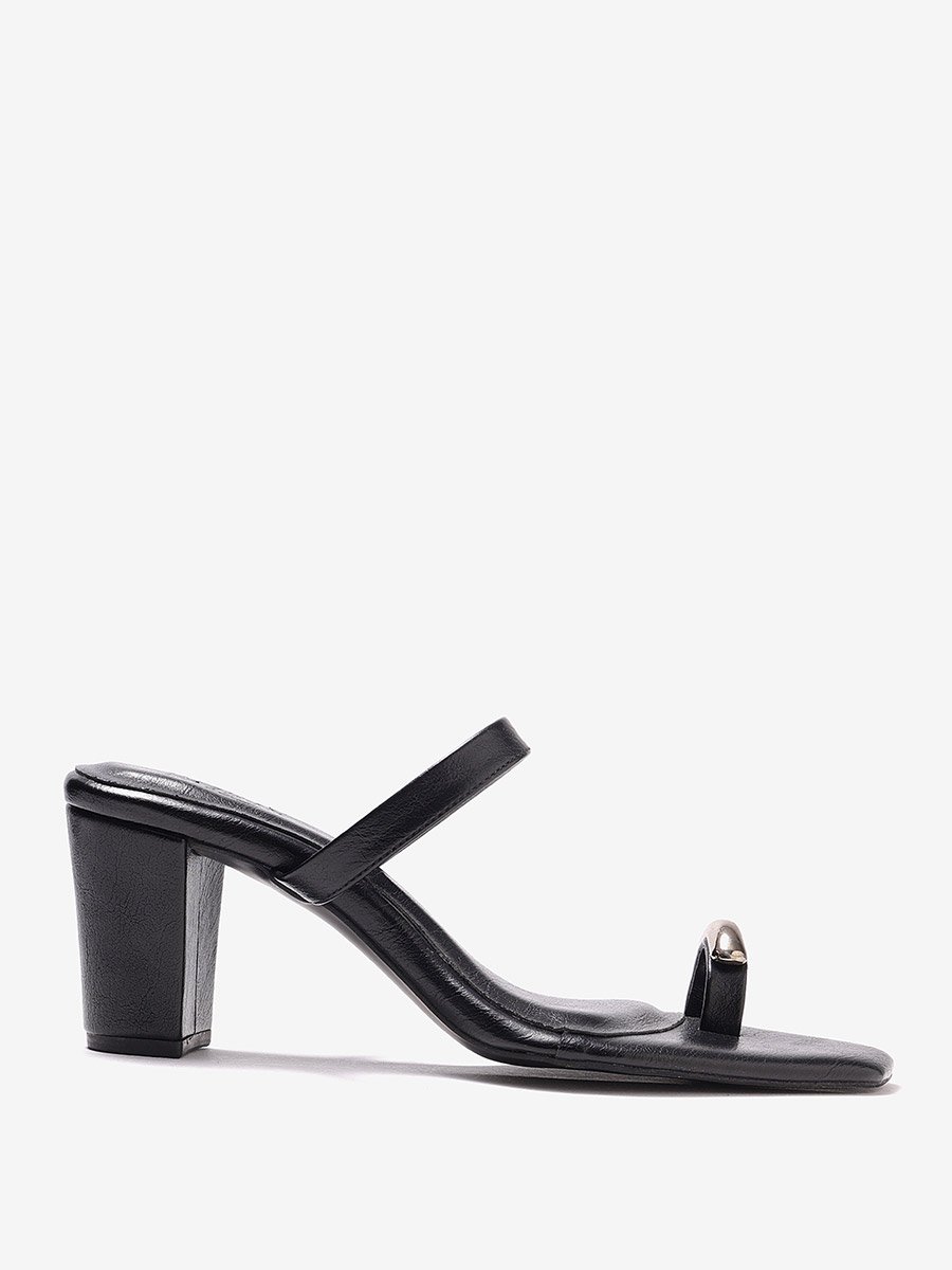 Black Metallic Toe-Ring Block Heel Sandals