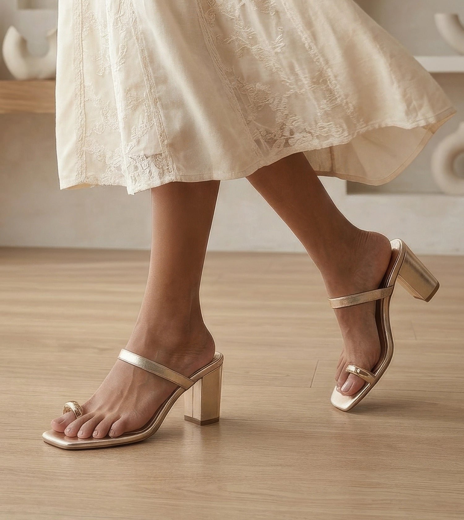 Gold Metallic Toe-Ring Block Heel Sandals