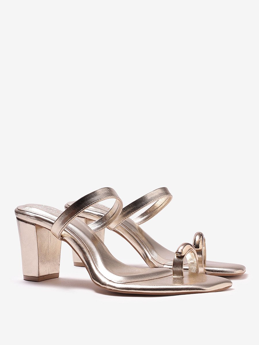 Gold Metallic Toe-Ring Block Heel Sandals