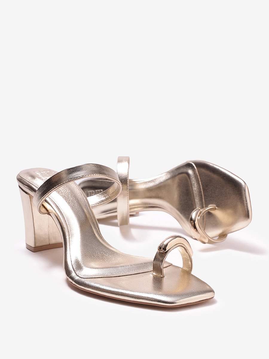 Gold Metallic Toe-Ring Block Heel Sandals
