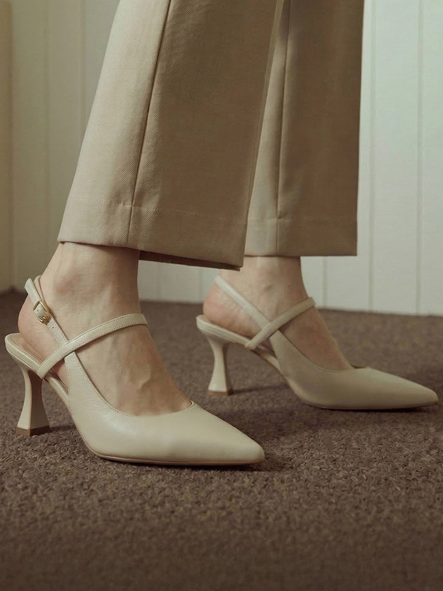 Cream Pointed Toe Ankle Strap Pumps