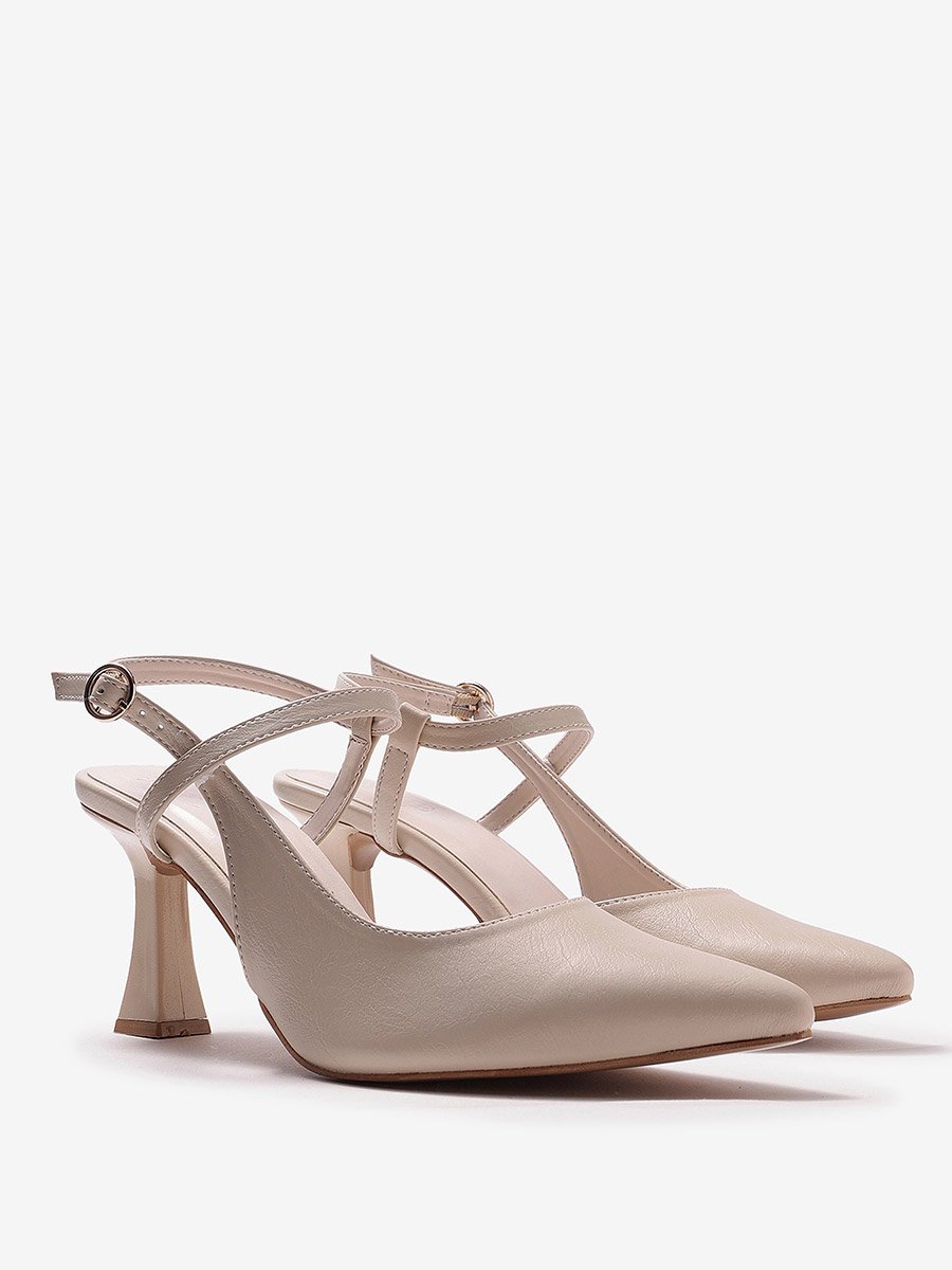 Cream Pointed Toe Ankle Strap Pumps