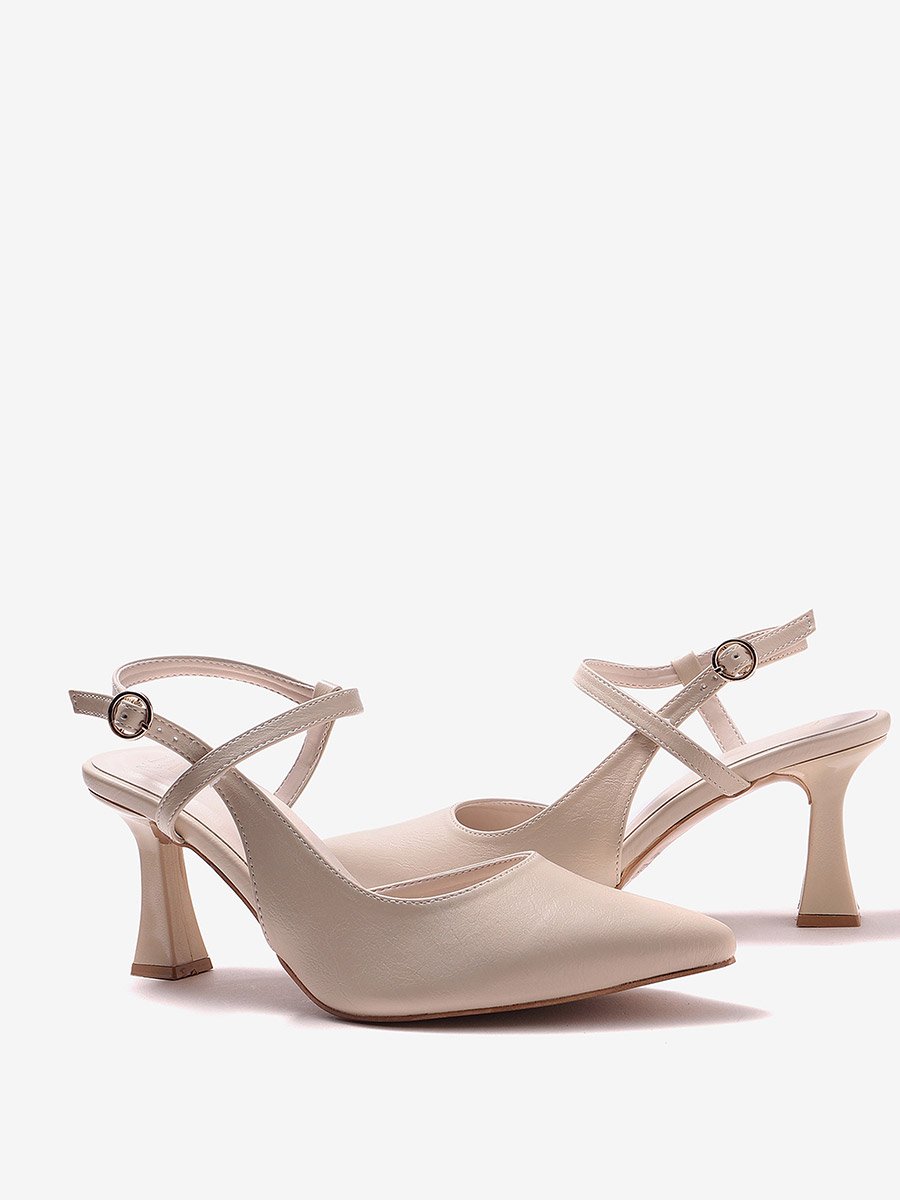Cream Pointed Toe Ankle Strap Pumps