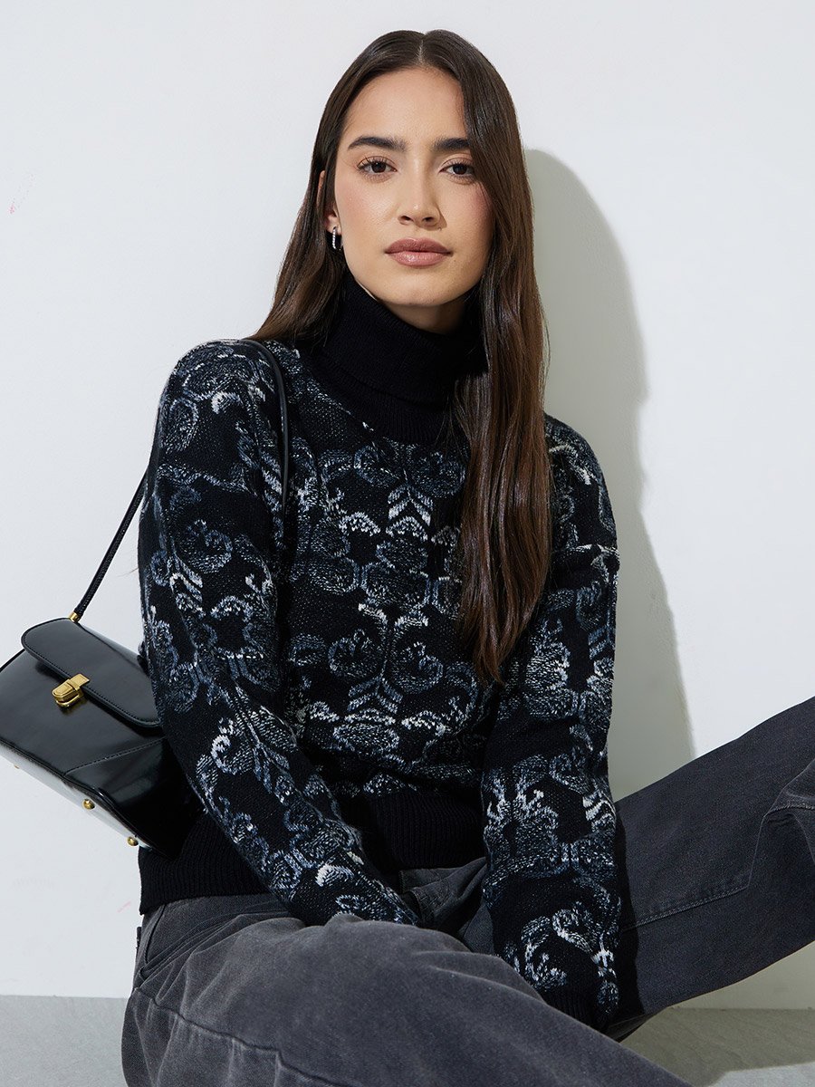 Black Floral Jacquard Turtle Neck Regular Fit Sweater