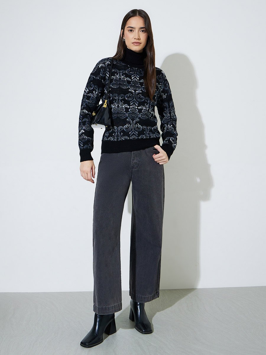 Black Floral Jacquard Turtle Neck Regular Fit Sweater