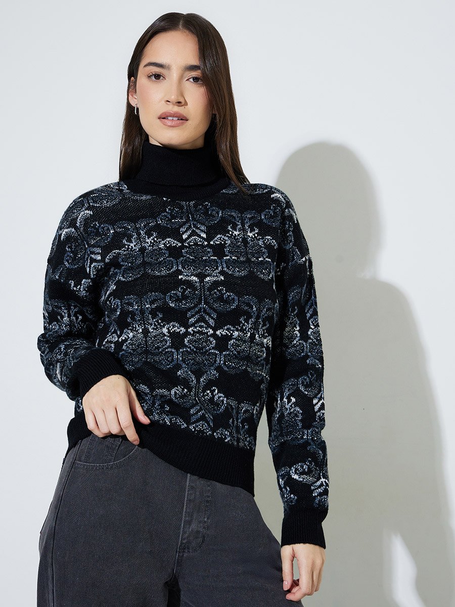 Black Floral Jacquard Turtle Neck Regular Fit Sweater