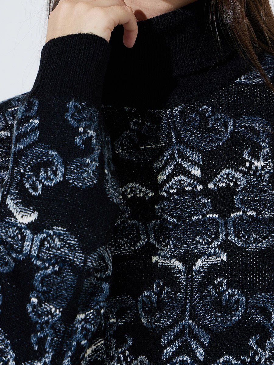 Black Floral Jacquard Turtle Neck Regular Fit Sweater