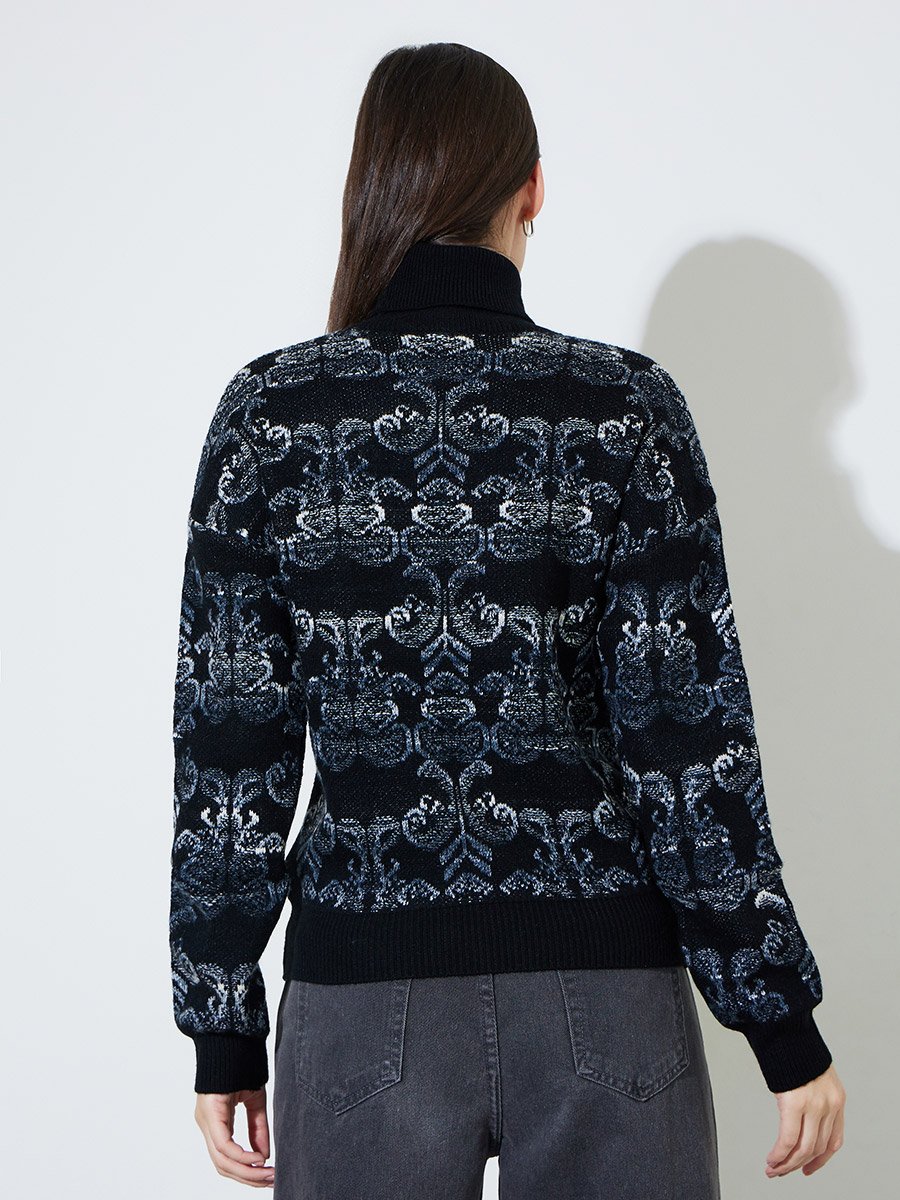 Black Floral Jacquard Turtle Neck Regular Fit Sweater