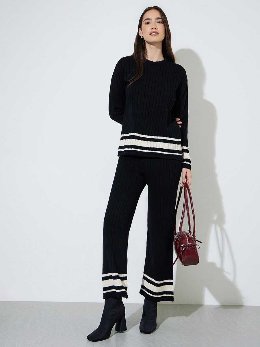 Black Color Block Ribbed Knit Sweater and Pants Co-Ord Set