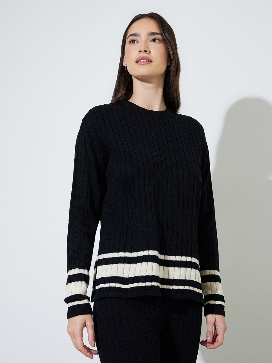 Black Color Block Ribbed Knit Sweater and Pants Co-Ord Set