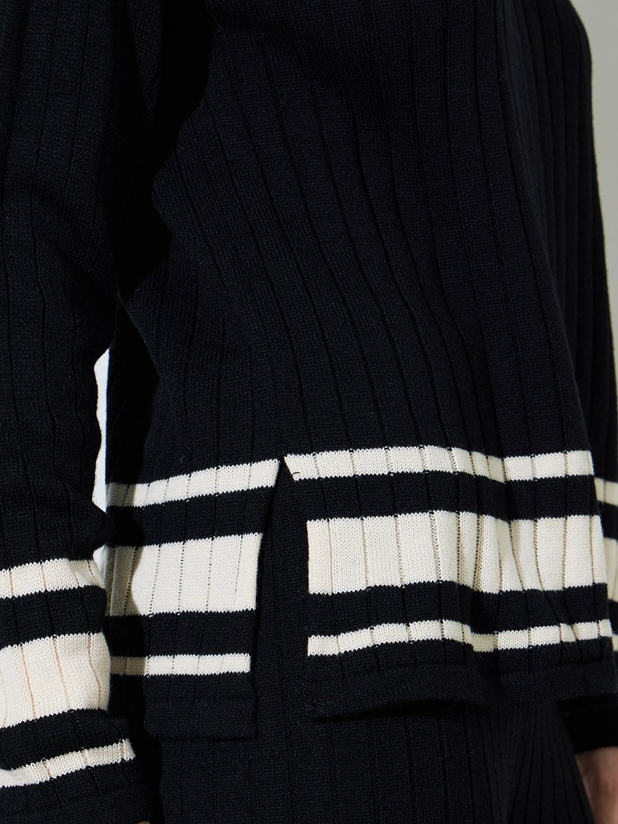 Black Color Block Ribbed Knit Sweater and Pants Co-Ord Set