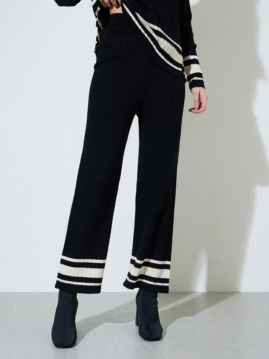 Black Color Block Ribbed Knit Sweater and Pants Co-Ord Set