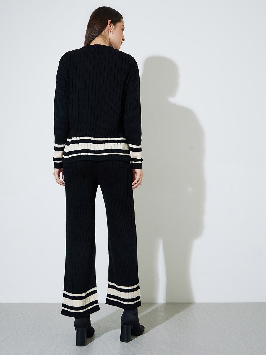 Black Color Block Ribbed Knit Sweater and Pants Co-Ord Set