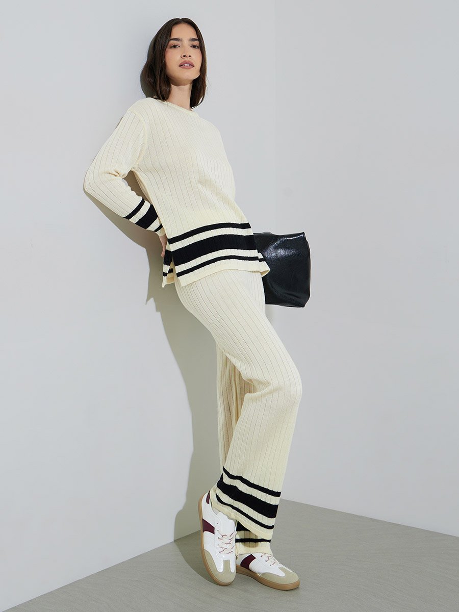 COLOR BLOCK RIBBED  SWEATER AND PANT SET