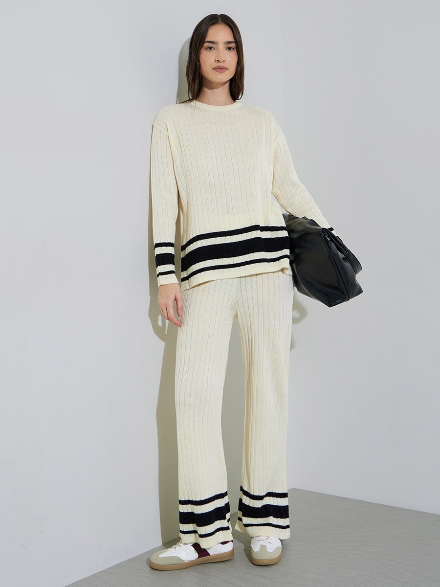 COLOR BLOCK RIBBED  SWEATER AND PANT SET