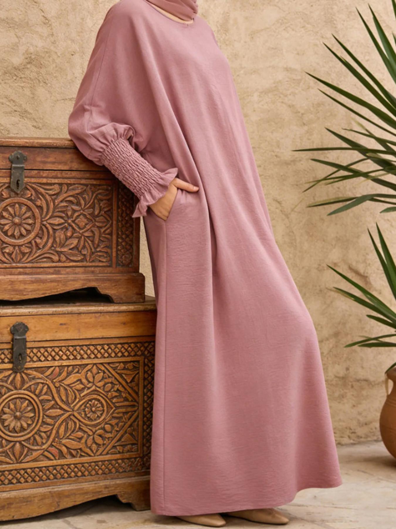 Pink Shirred Cuff Sleeves Maxi Dress