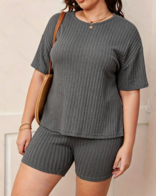 Plus Size Charcoal Ribbed Short Sleeve Top and Shorts Pyjama Set