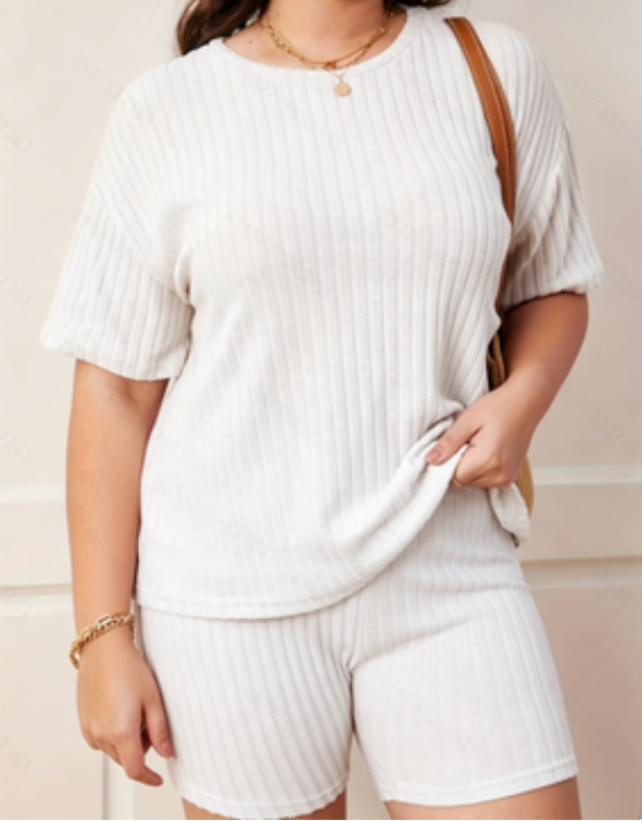 Plus Size White Ribbed Short Sleeve Top and Shorts Pyjama Set