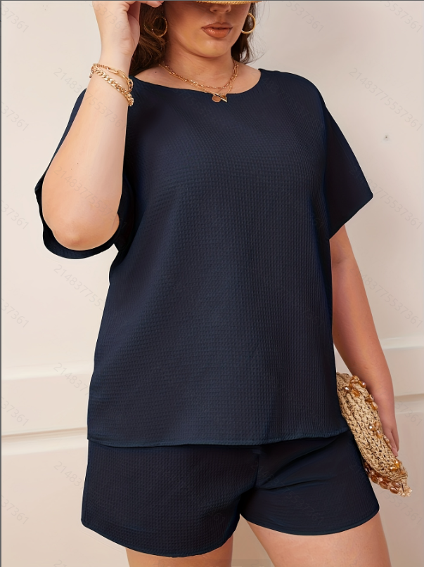 Plus Size Navy Blue Waffle Knit T-Shirt and Short Pyjama Set