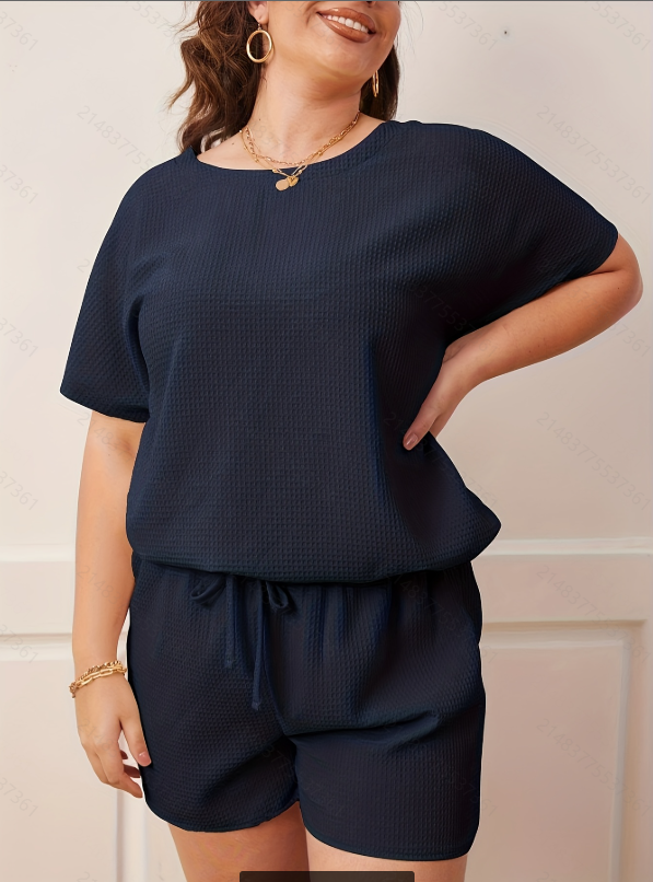 Plus Size Navy Blue Waffle Knit T-Shirt and Short Pyjama Set