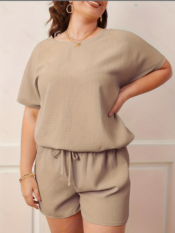 Plus Size Brown Waffle Knit T-Shirt and Short Pyjama Set