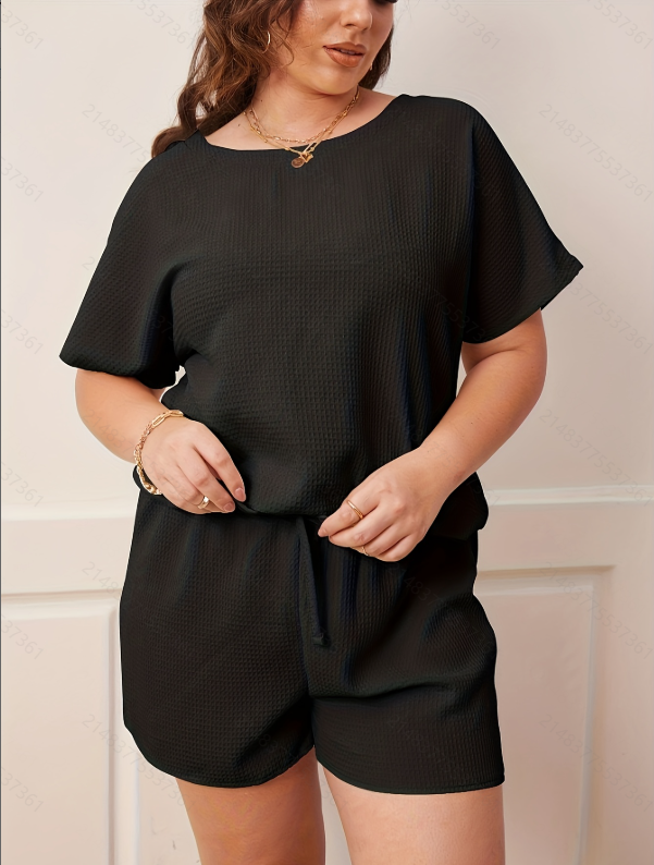 Plus Size Black Waffle Knit T-Shirt and Short Pyjama Set