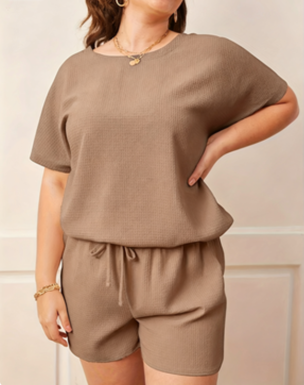Plus Size Coffee Brown Waffle Knit T-Shirt and Short Pyjama Set