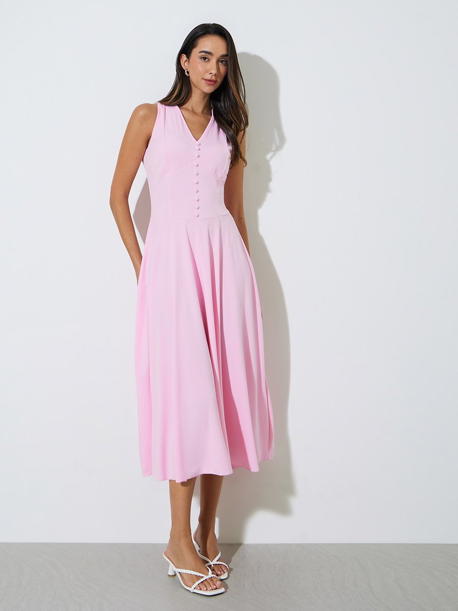Pink Sleeveless A-Line Midi Dress