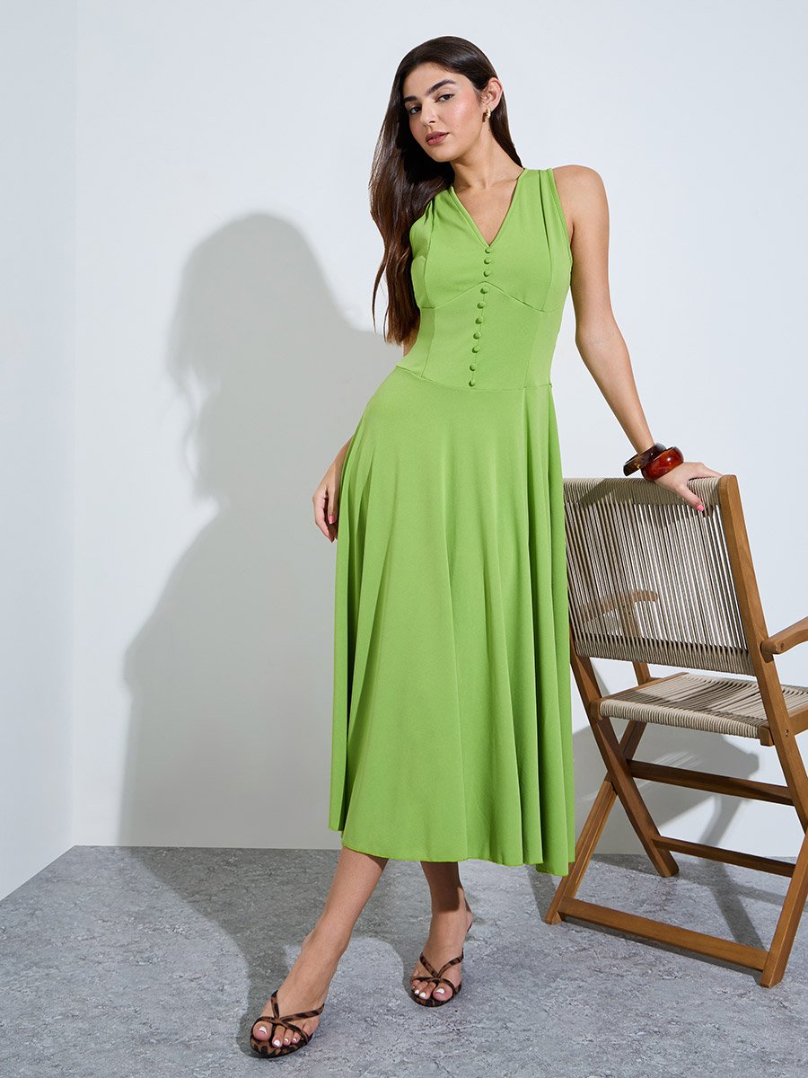 Green Sleeveless A-Line Midi Dress