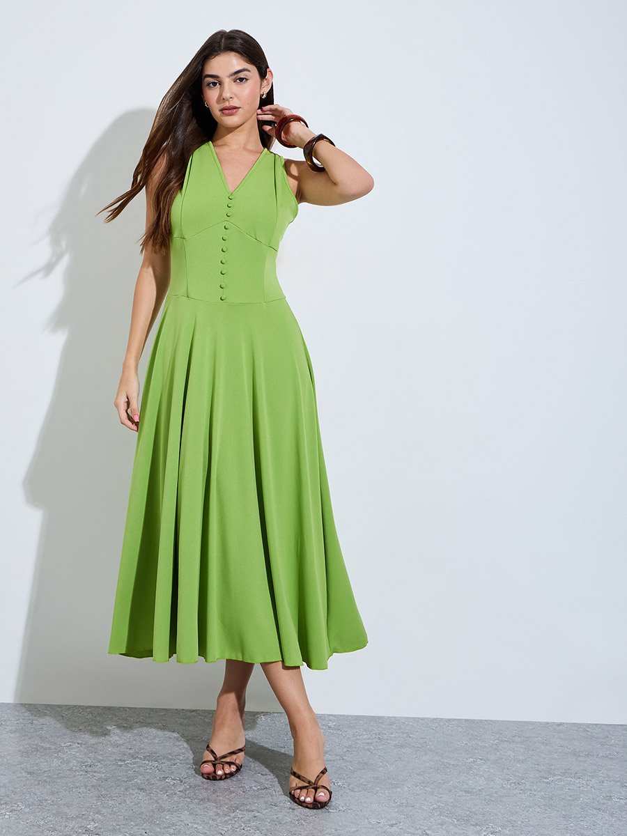 Green Sleeveless A-Line Midi Dress